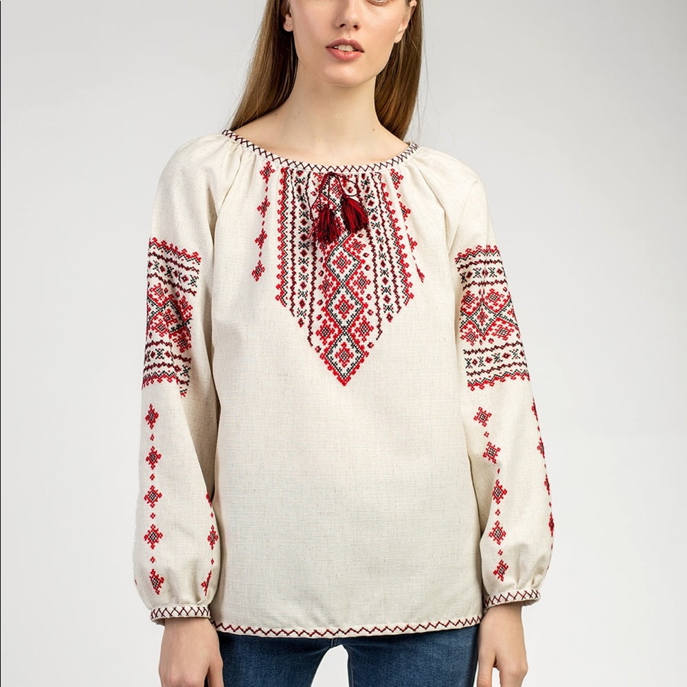 Embroidered Peasant Blouse with Red Geometric Motif
